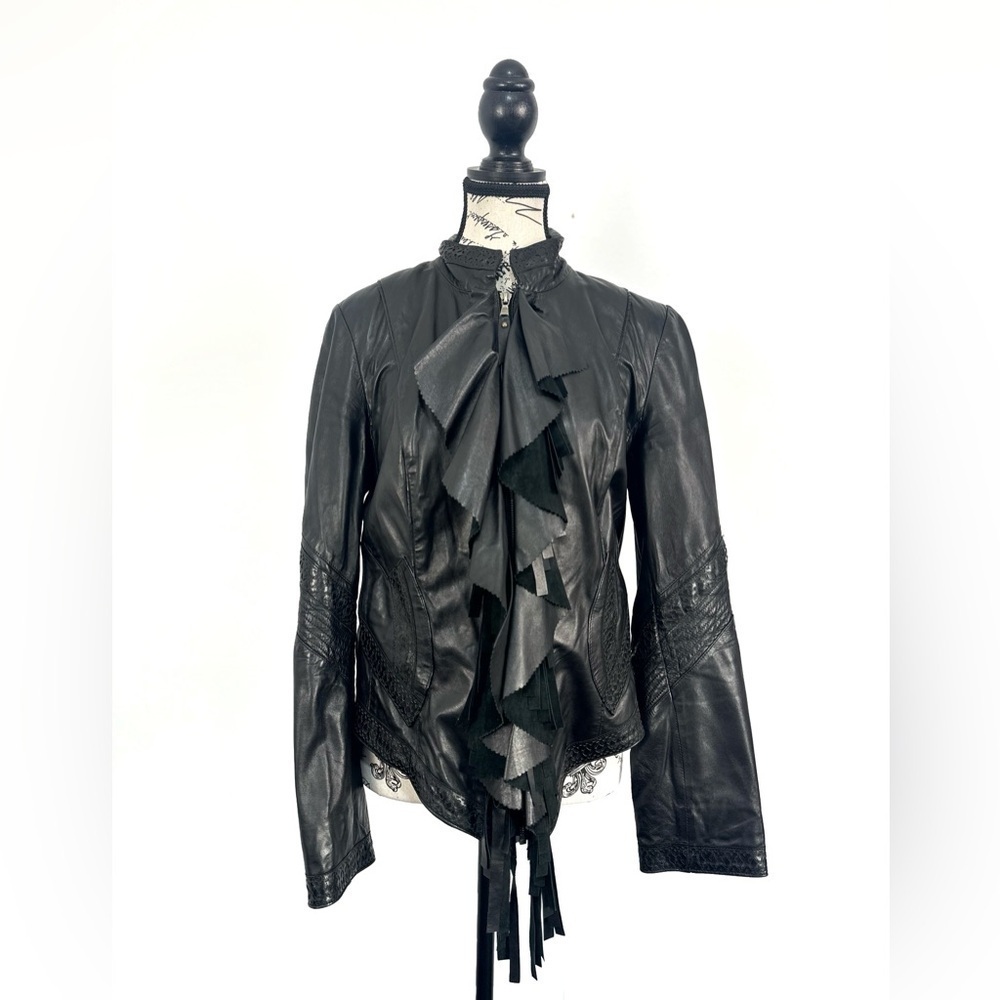 Pasha Veneto Ruffle and fringe genuine leather jacket